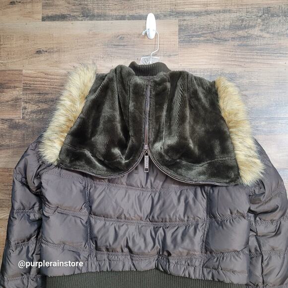 Vtg Y2K MIXIT Quilted Puffer Bomber Jacket Coat 1X Faux Fur Hood Brown Aviator - Picture 3 of 11